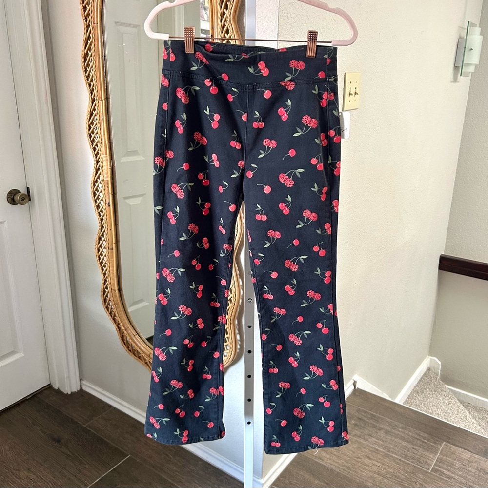 Free People / NWT Cherry Fruit Print Flare Crop Pants in Black - Picture 6 of 9